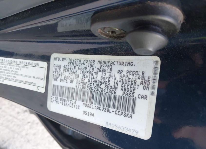 Photo 9 of 2003 Toyota Camry SE (VIN 4T1BE32K03U241866)