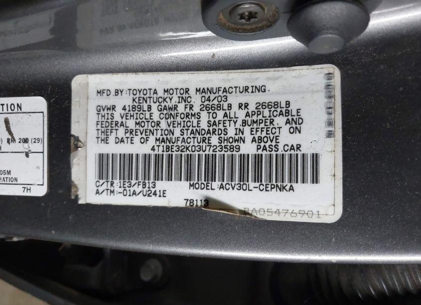 Photo 9 of 2003 Toyota Camry LE (VIN 4T1BE32K03U723589)