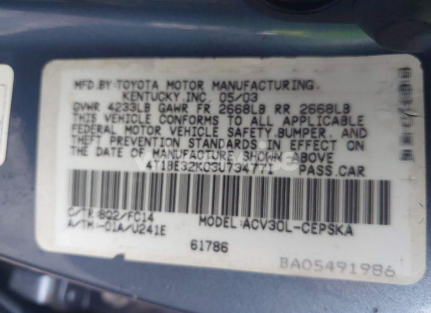 Photo 9 of 2003 Toyota Camry LE/SE/XLE (VIN 4T1BE32K03U734771)