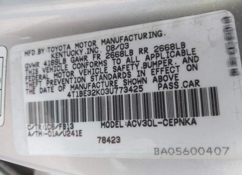 Photo 9 of 2003 Toyota Camry LE (VIN 4T1BE32K03U773425)