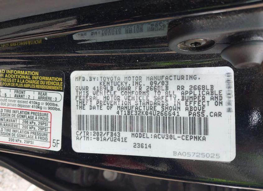 Photo 9 of 2004 Toyota Camry LE (VIN 4T1BE32K04U266641)