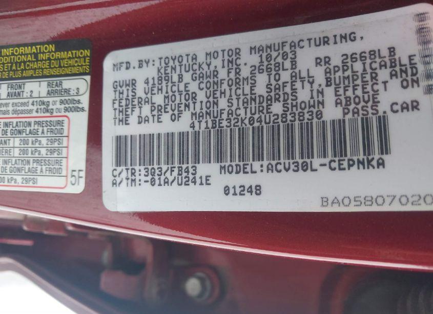 Photo 9 of 2004 Toyota Camry LE (VIN 4T1BE32K04U283830)