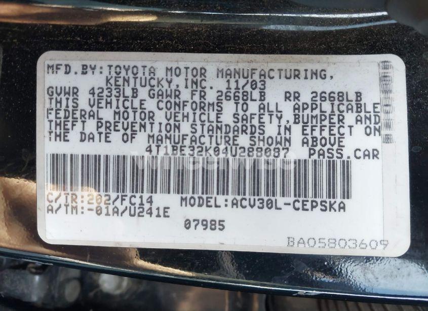 Photo 9 of 2004 Toyota Camry SE (VIN 4T1BE32K04U288087)