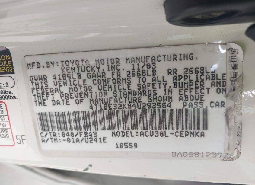 Photo 9 of 2004 Toyota Camry LE (VIN 4T1BE32K04U293564)