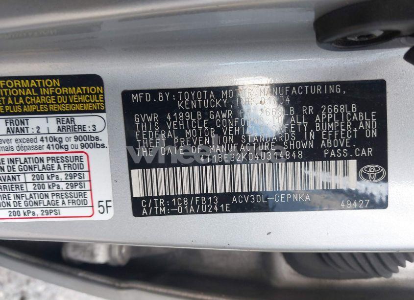Photo 9 of 2004 Toyota Camry LE (VIN 4T1BE32K04U314848)