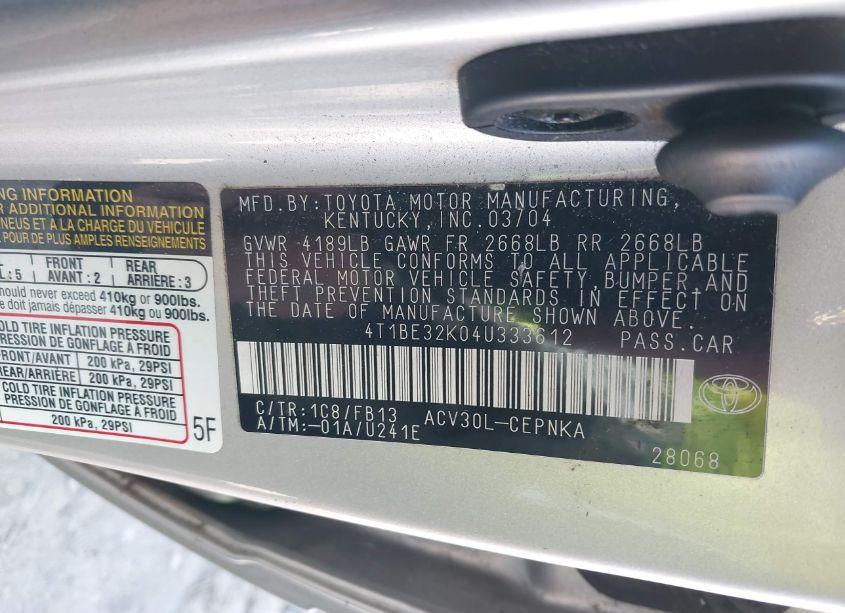Photo 9 of 2004 Toyota Camry LE (VIN 4T1BE32K04U333612)