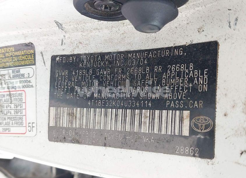 Photo 9 of 2004 Toyota Camry LE (VIN 4T1BE32K04U334114)