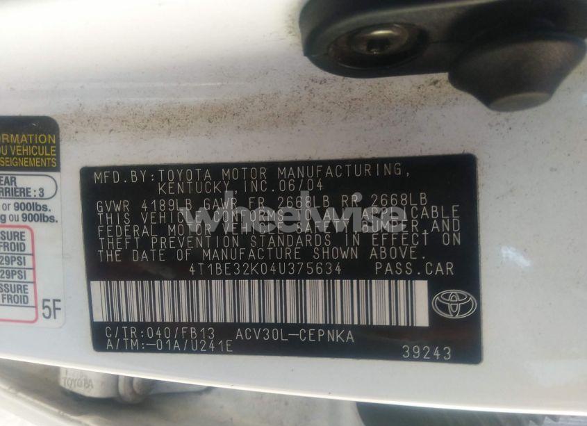 Photo 9 of 2004 Toyota Camry LE (VIN 4T1BE32K04U375634)