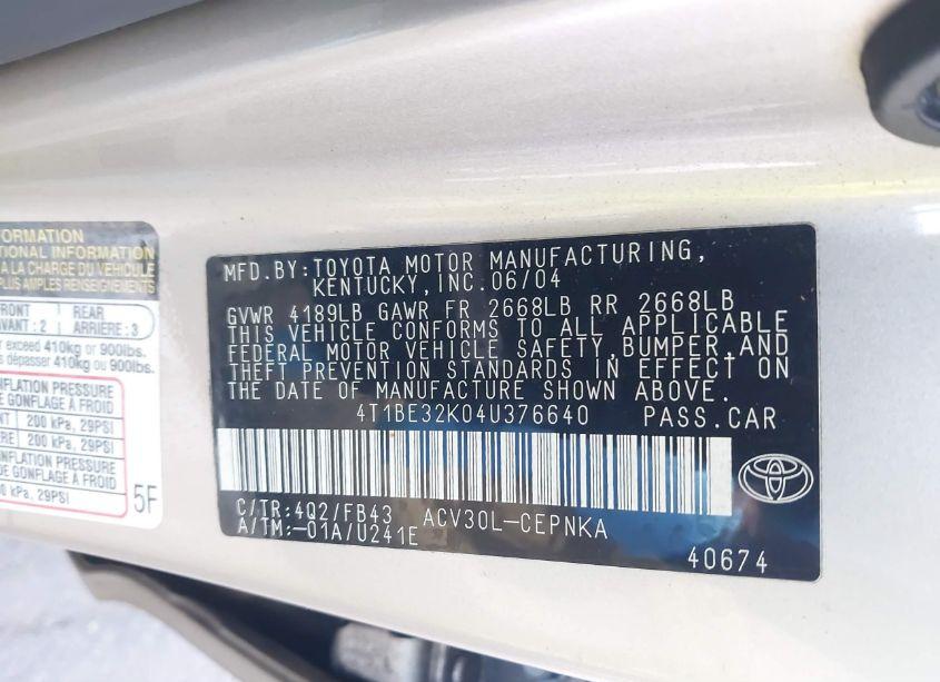 Photo 9 of 2004 Toyota Camry LE (VIN 4T1BE32K04U376640)