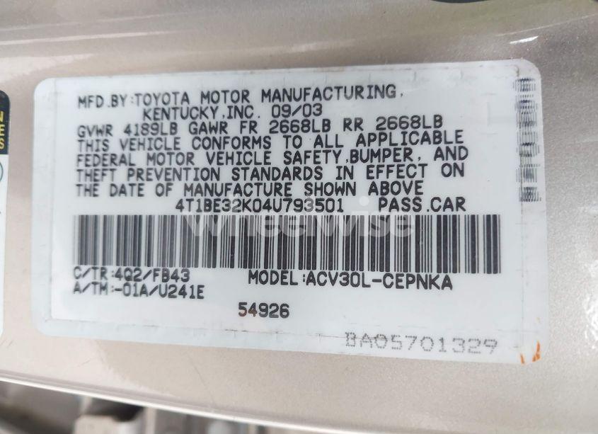 Photo 9 of 2004 Toyota Camry LE (VIN 4T1BE32K04U793501)