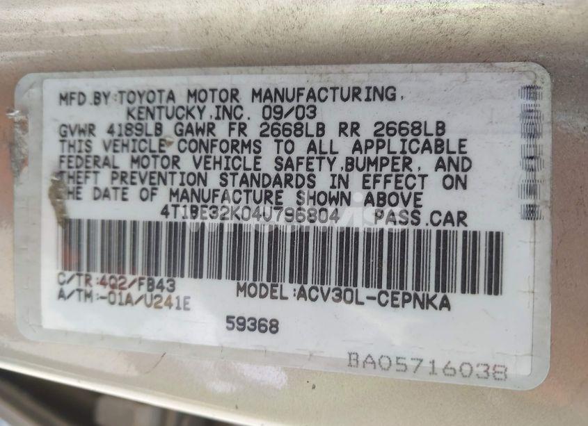 Photo 9 of 2004 Toyota Camry LE (VIN 4T1BE32K04U796804)