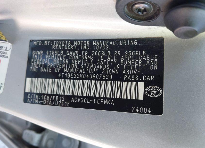 Photo 9 of 2004 Toyota Camry LE (VIN 4T1BE32K04U807638)
