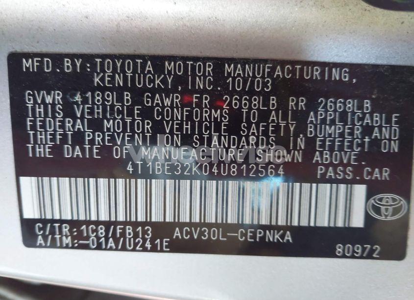 Photo 9 of 2004 Toyota Camry LE (VIN 4T1BE32K04U812564)