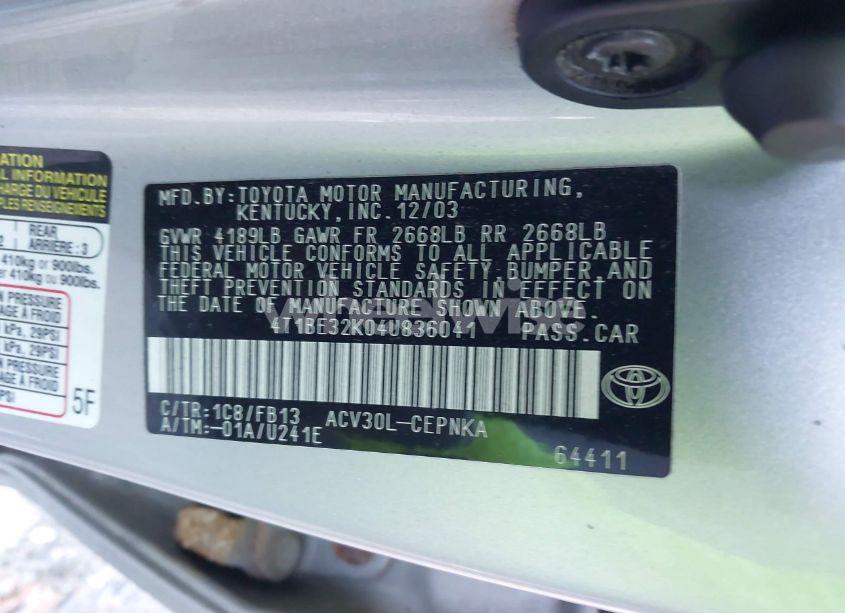 Photo 9 of 2004 Toyota Camry LE (VIN 4T1BE32K04U836041)