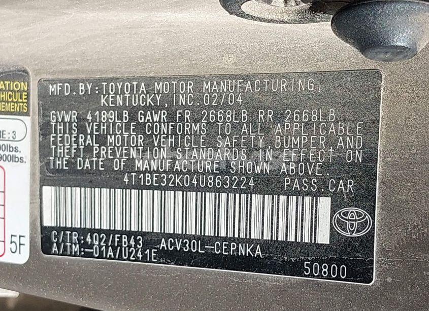 Photo 9 of 2004 Toyota Camry LE (VIN 4T1BE32K04U863224)