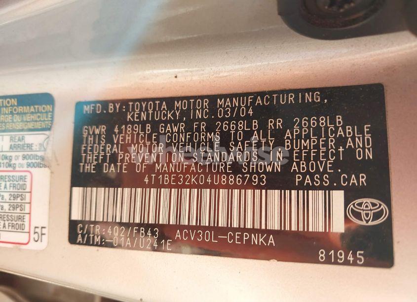 Photo 9 of 2004 Toyota Camry LE (VIN 4T1BE32K04U886793)