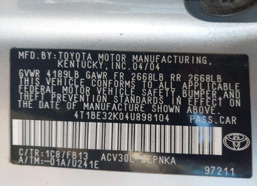Photo 9 of 2004 Toyota Camry LE (VIN 4T1BE32K04U898104)