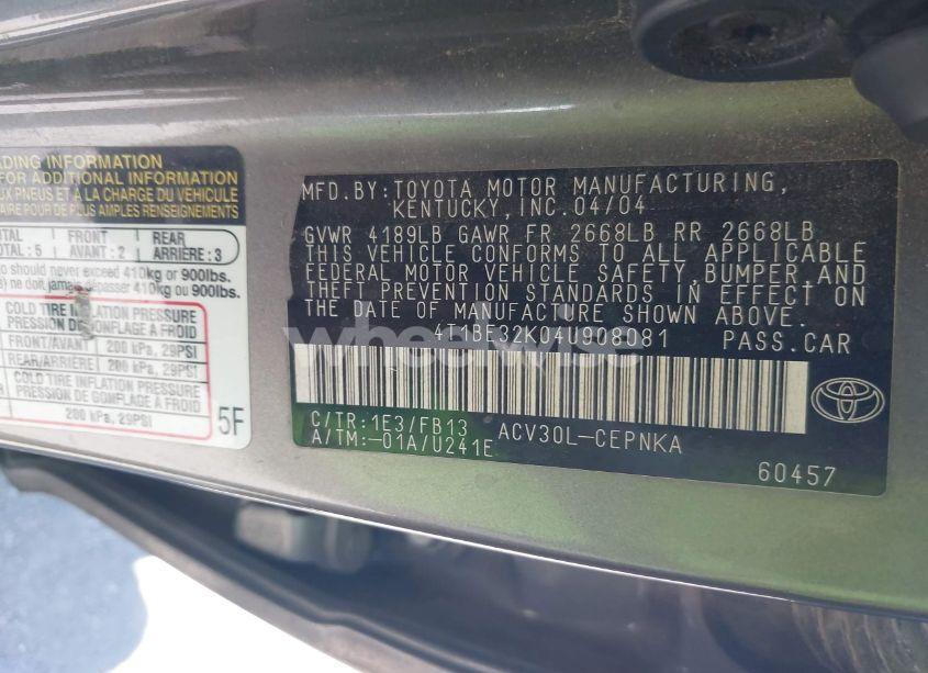 Photo 9 of 2004 Toyota Camry LE (VIN 4T1BE32K04U908081)