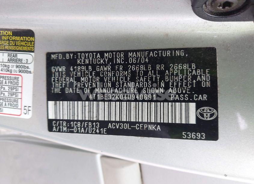 Photo 9 of 2004 Toyota Camry LE (VIN 4T1BE32K04U940691)