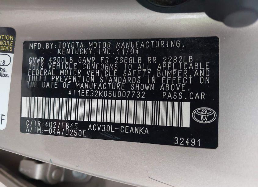 Photo 9 of 2005 Toyota Camry LE (VIN 4T1BE32K05U007732)