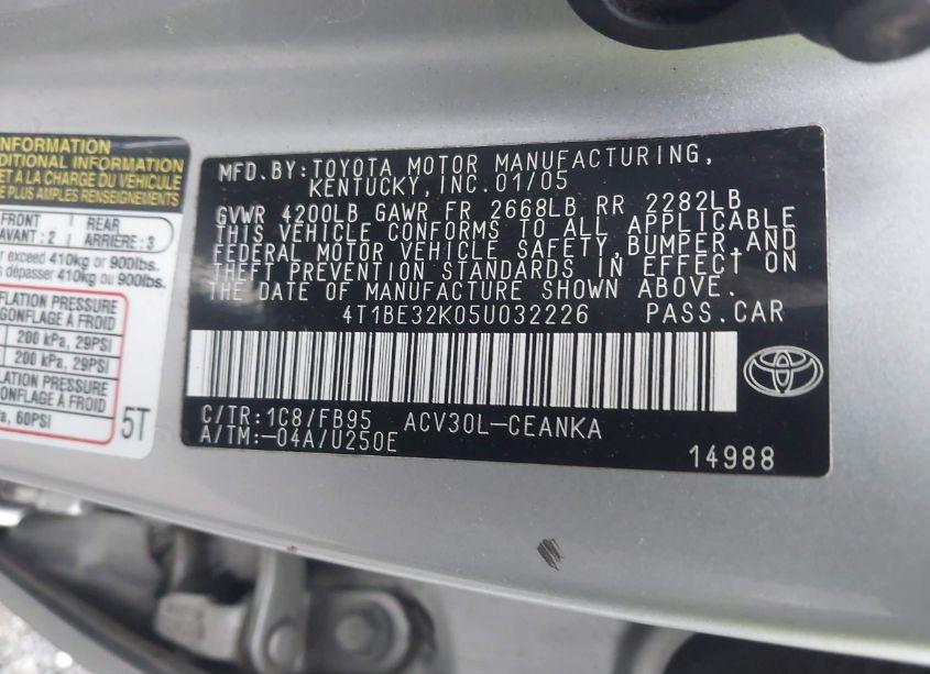 Photo 9 of 2005 Toyota Camry STD (VIN 4T1BE32K05U032226)