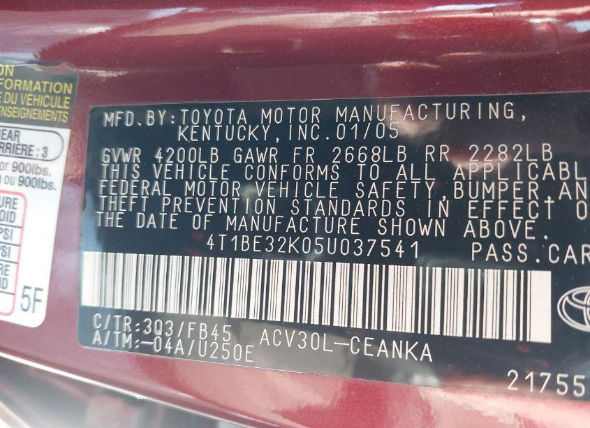 Photo 9 of 2005 Toyota Camry LE (VIN 4T1BE32K05U037541)