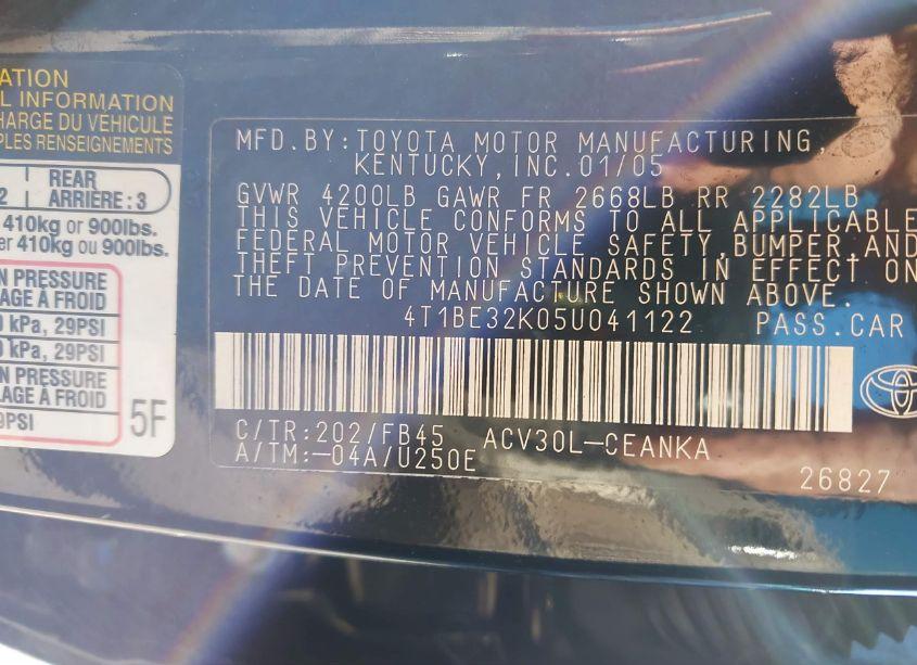 Photo 9 of 2005 Toyota Camry LE (VIN 4T1BE32K05U041122)