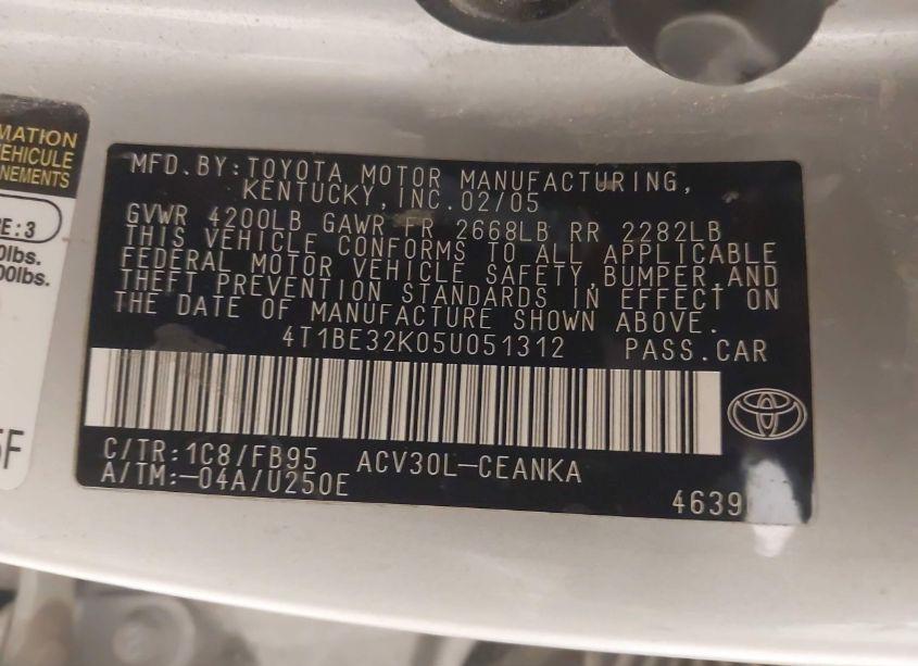 Photo 9 of 2005 Toyota Camry LE (VIN 4T1BE32K05U051312)