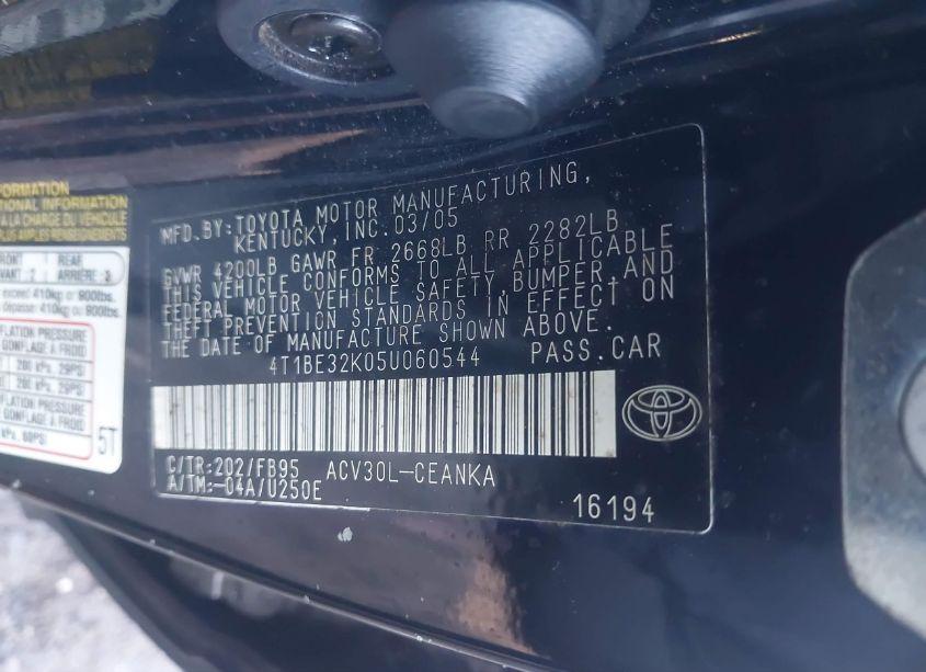 Photo 9 of 2005 Toyota Camry STD (VIN 4T1BE32K05U060544)