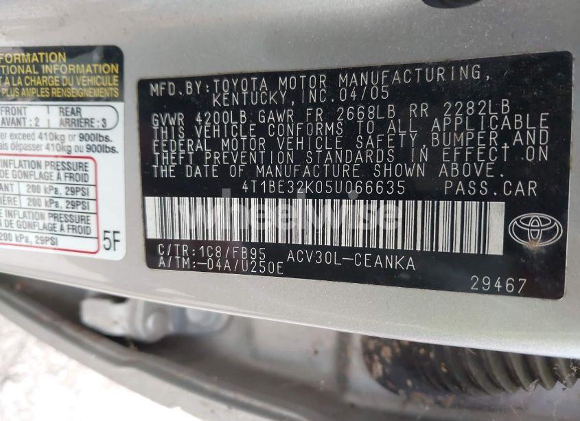 Photo 9 of 2005 Toyota Camry LE (VIN 4T1BE32K05U066635)