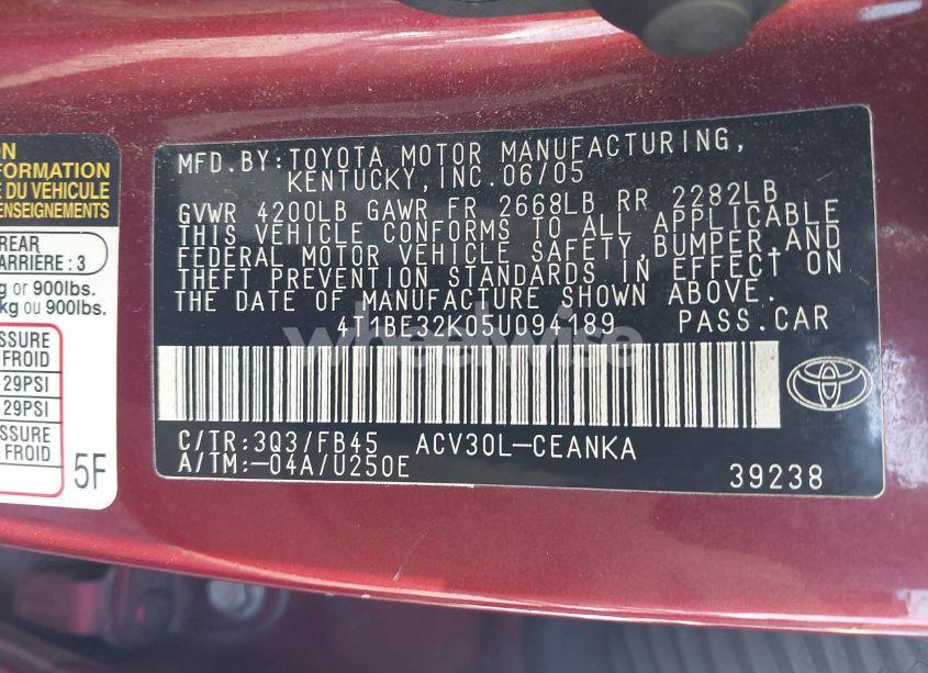 Photo 9 of 2005 Toyota Camry LE (VIN 4T1BE32K05U094189)