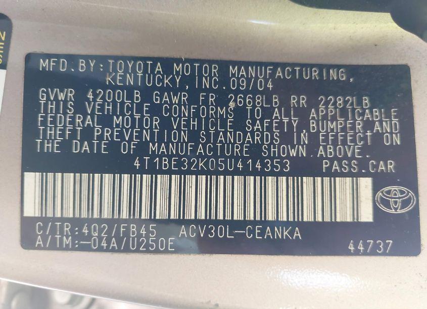 Photo 9 of 2005 Toyota Camry STD (VIN 4T1BE32K05U414353)