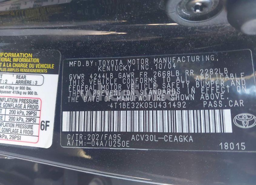 Photo 9 of 2005 Toyota Camry XLE (VIN 4T1BE32K05U431492)