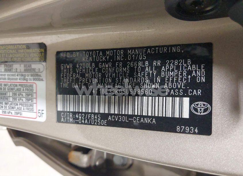 Photo 9 of 2005 Toyota Camry LE (VIN 4T1BE32K05U538560)