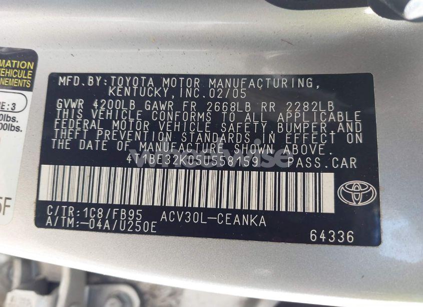 Photo 9 of 2005 Toyota Camry LE (VIN 4T1BE32K05U558159)