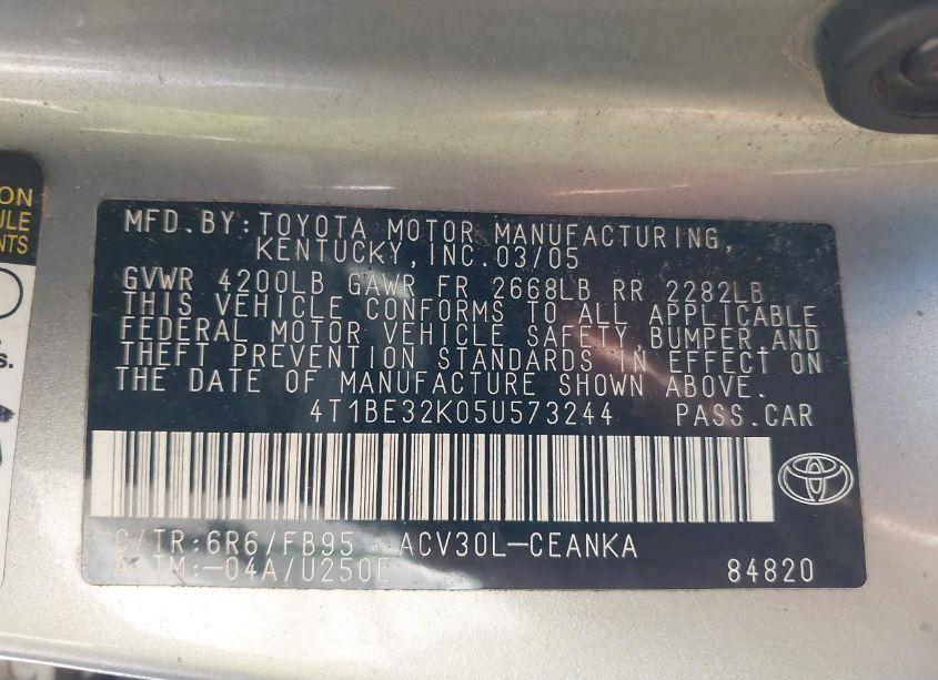 Photo 9 of 2005 Toyota Camry LE (VIN 4T1BE32K05U573244)