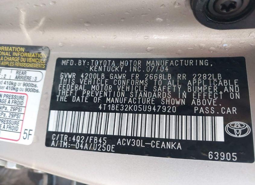 Photo 9 of 2005 Toyota Camry LE (VIN 4T1BE32K05U947920)