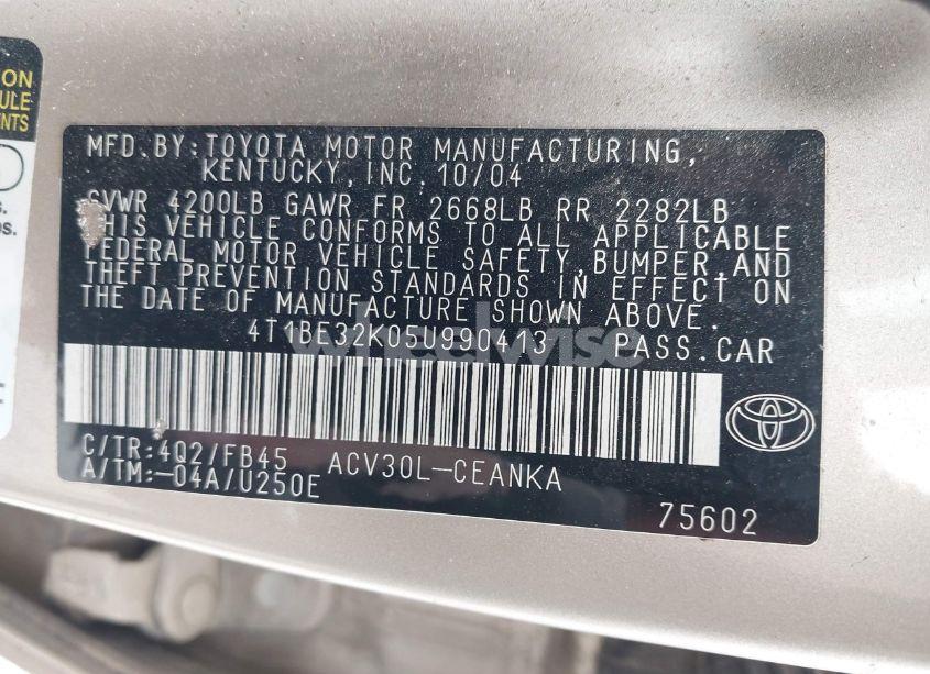 Photo 9 of 2005 Toyota Camry LE (VIN 4T1BE32K05U990413)