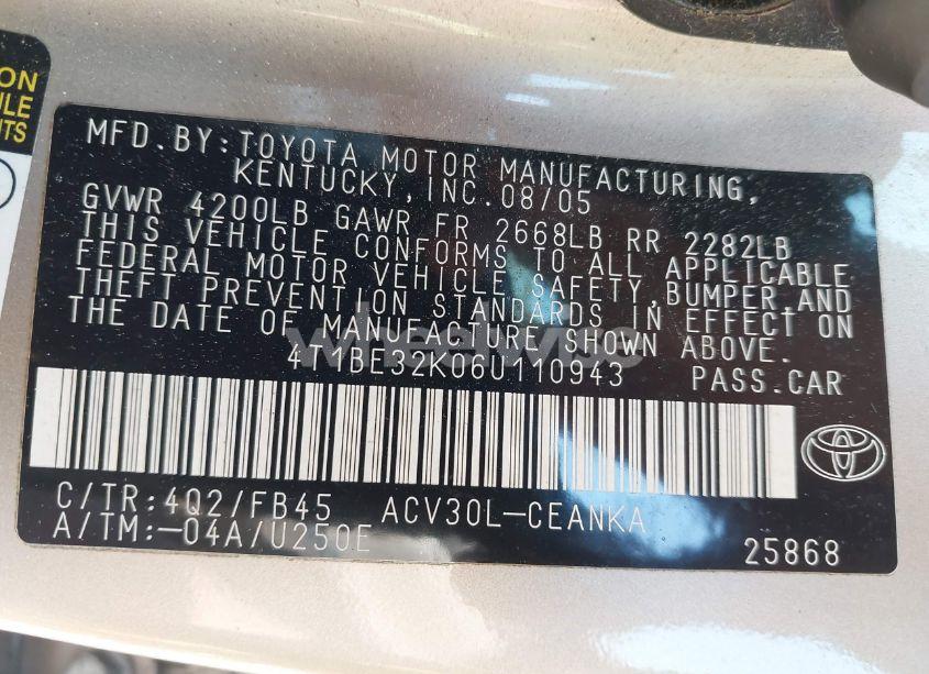 Photo 9 of 2006 Toyota Camry LE (VIN 4T1BE32K06U110943)