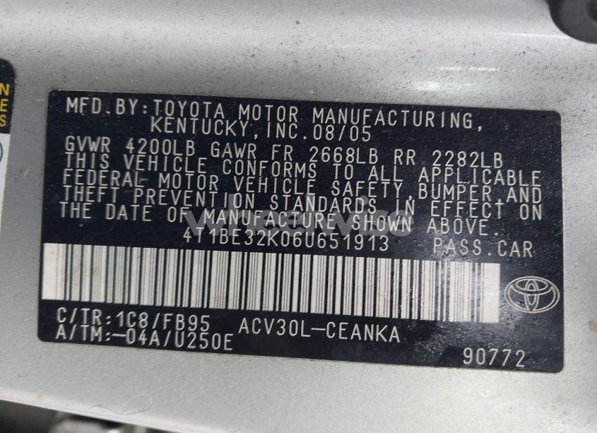 Photo 9 of 2006 Toyota Camry STD (VIN 4T1BE32K06U651913)