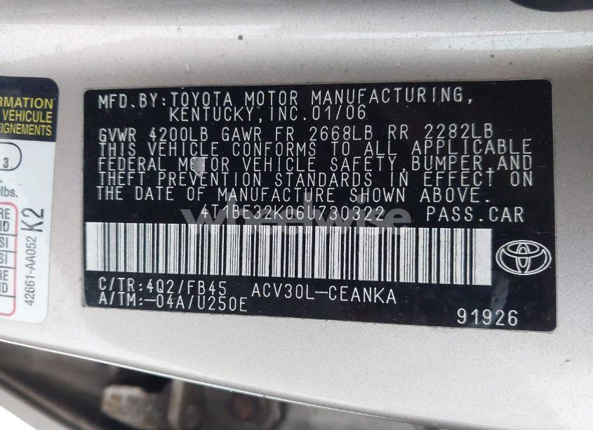 Photo 9 of 2006 Toyota Camry LE (VIN 4T1BE32K06U730322)