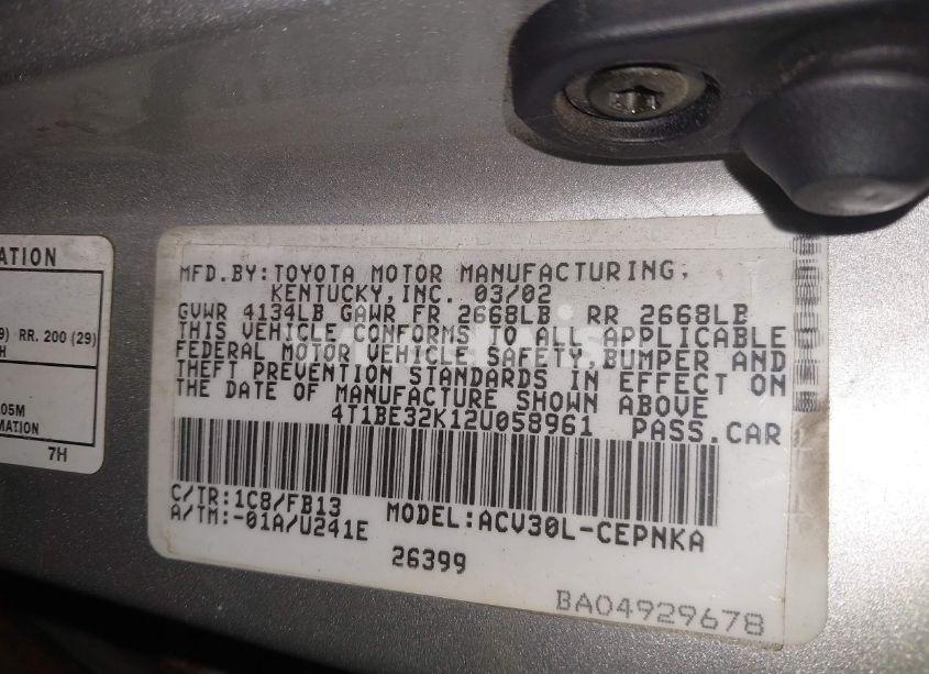 Photo 9 of 2002 Toyota Camry LE (VIN 4T1BE32K12U058961)