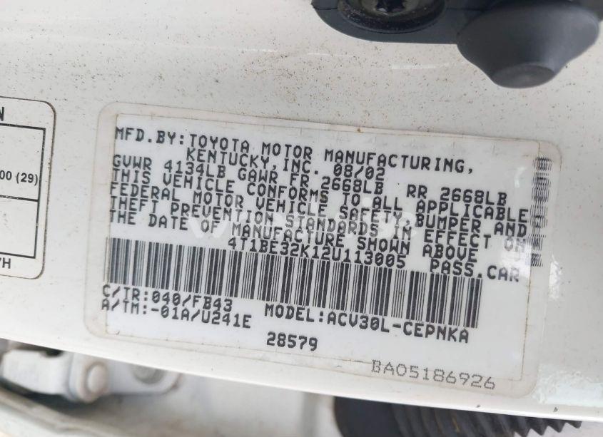 Photo 9 of 2002 Toyota Camry LE (VIN 4T1BE32K12U113005)