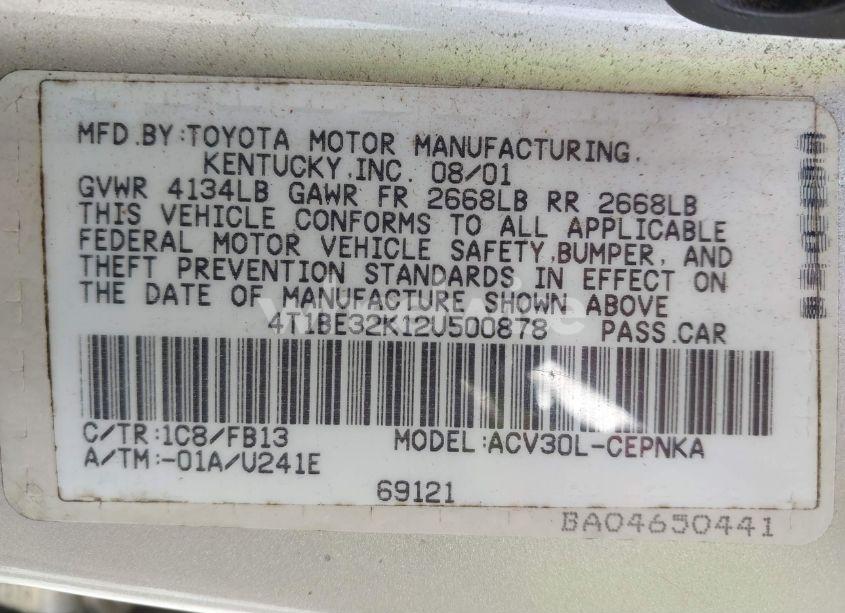 Photo 9 of 2002 Toyota Camry LE (VIN 4T1BE32K12U500878)