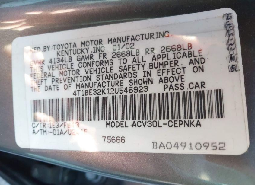 Photo 9 of 2002 Toyota Camry LE (VIN 4T1BE32K12U546923)