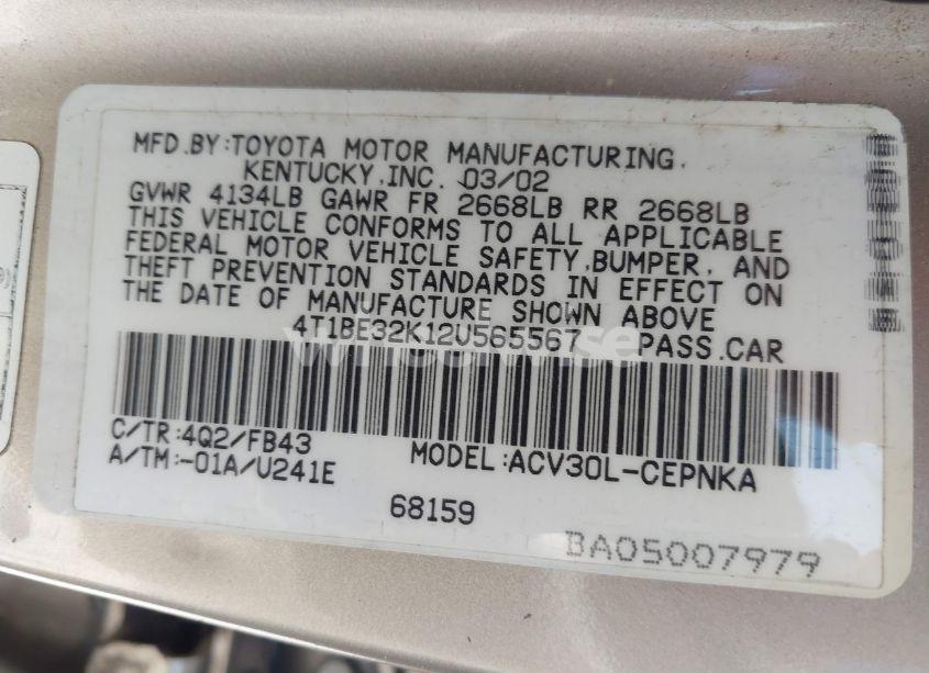 Photo 9 of 2002 Toyota Camry LE (VIN 4T1BE32K12U565567)