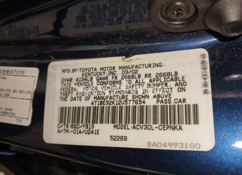Photo 9 of 2002 Toyota Camry LE (VIN 4T1BE32K12U577654)