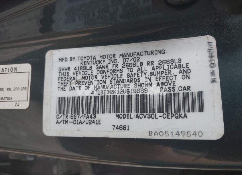 Photo 9 of 2002 Toyota Camry XLE (VIN 4T1BE32K12U619689)