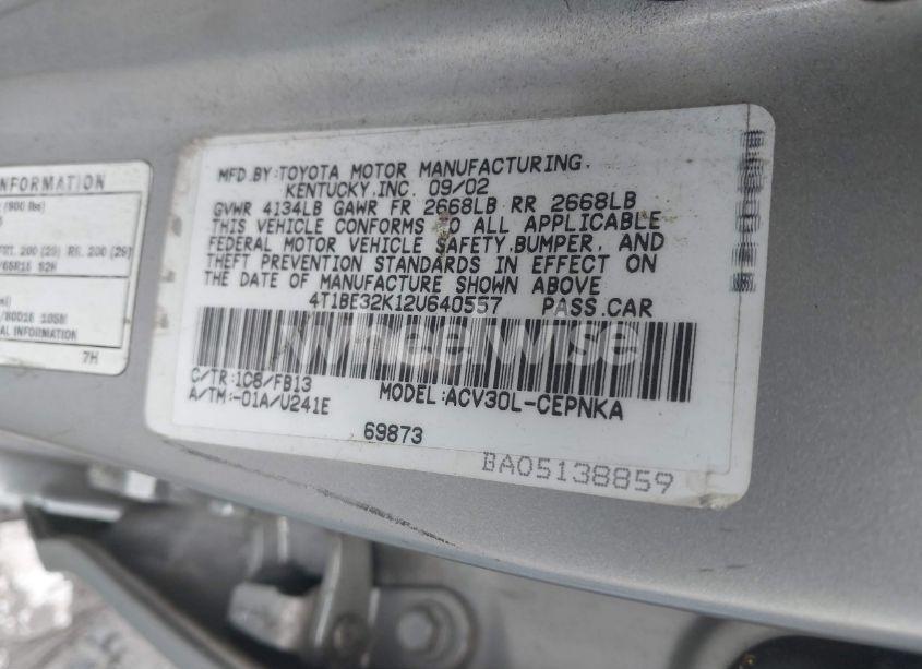 Photo 9 of 2002 Toyota Camry LE (VIN 4T1BE32K12U640557)