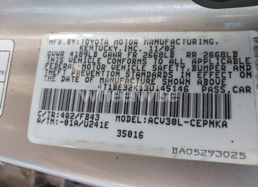 Photo 9 of 2003 Toyota Camry LE (VIN 4T1BE32K13U145146)